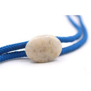 Quartz Agate Chalcedony Stone Slide Bolo Tie Silver Metal Tips Blue Braided Rope